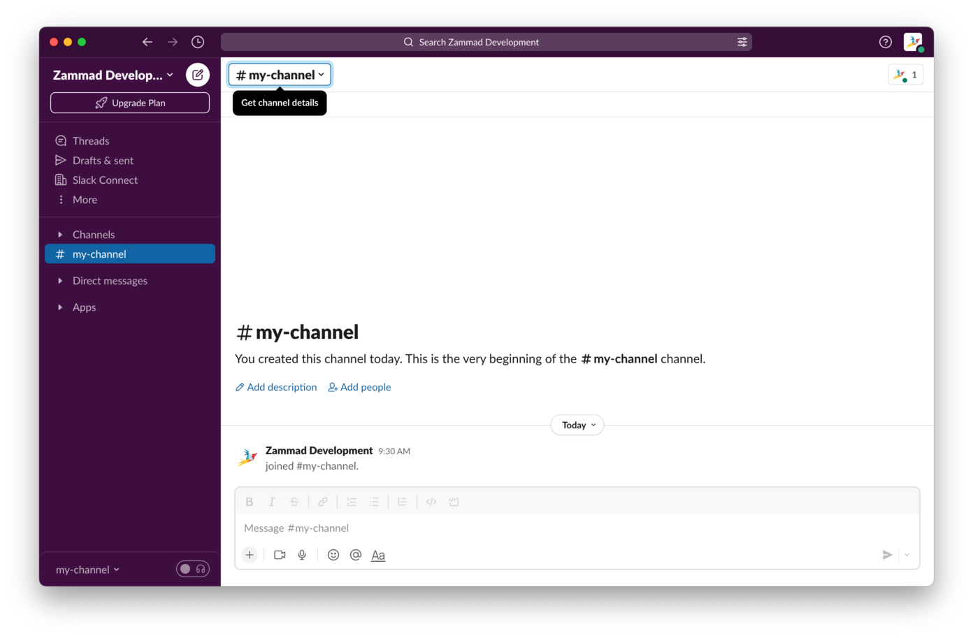 Anzeige der Kanaldetails in einem Slack-Kanal