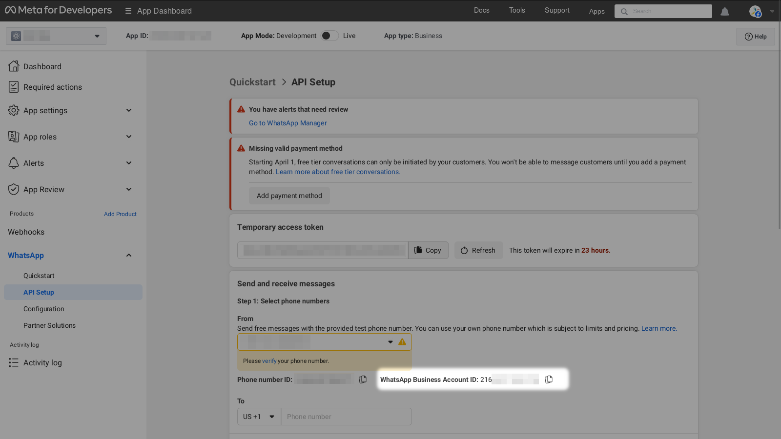 App-Dashboard mit ID des Business Accounts