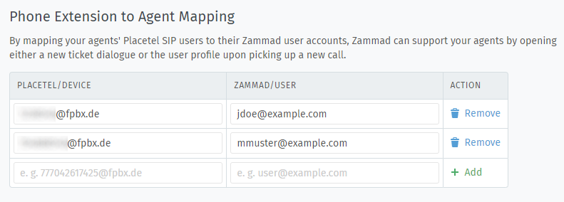 Screenshot mit Beispielen für Benutzerzuordnungen zwischen Placetel und Zammad