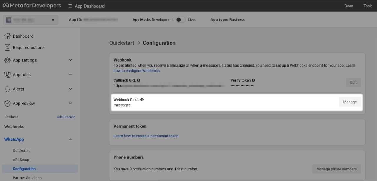 Webhook-Felder im App-Dashboard auswählen