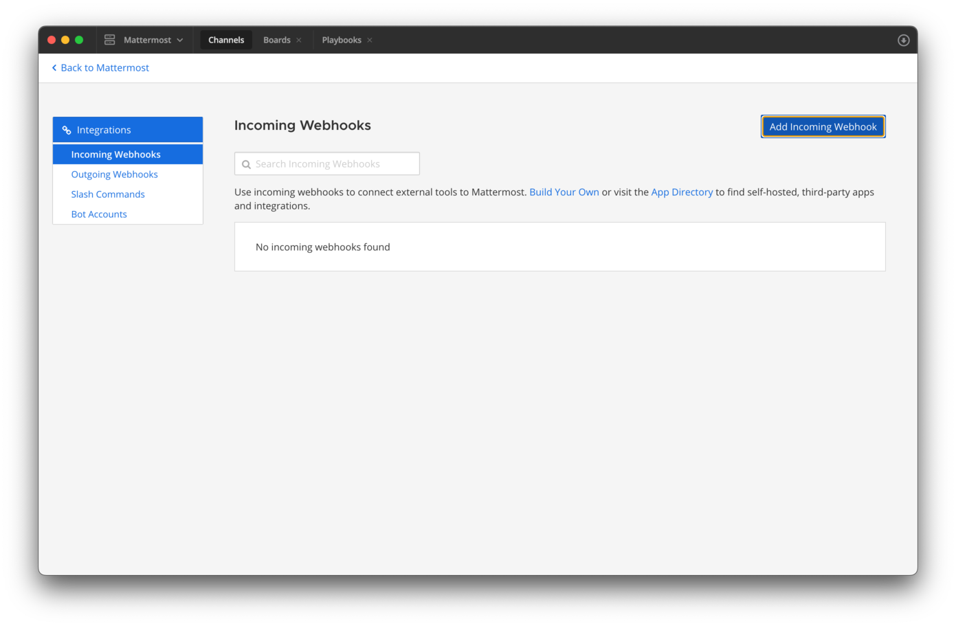 Schaltfläche Eingehender Webhook hinzufügen
