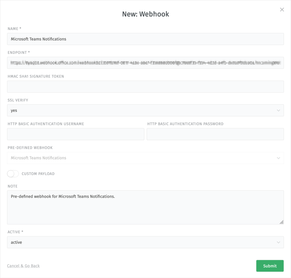 Konfigurieren des Microsoft Teams Webhook-Endpunkts