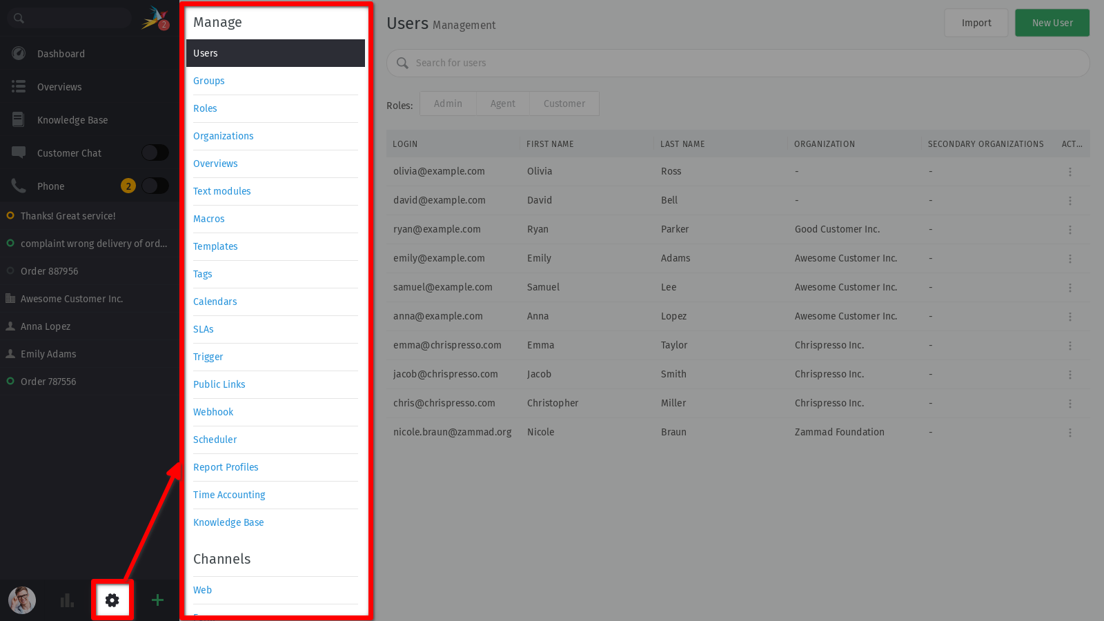 Screenshot showing admin settings within Zammad.