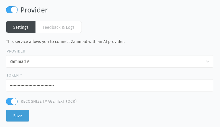 Screenshot zeigt die Konfiguration des KI-Providers in Zammad