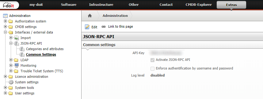 i-doit administration interface with API configuration