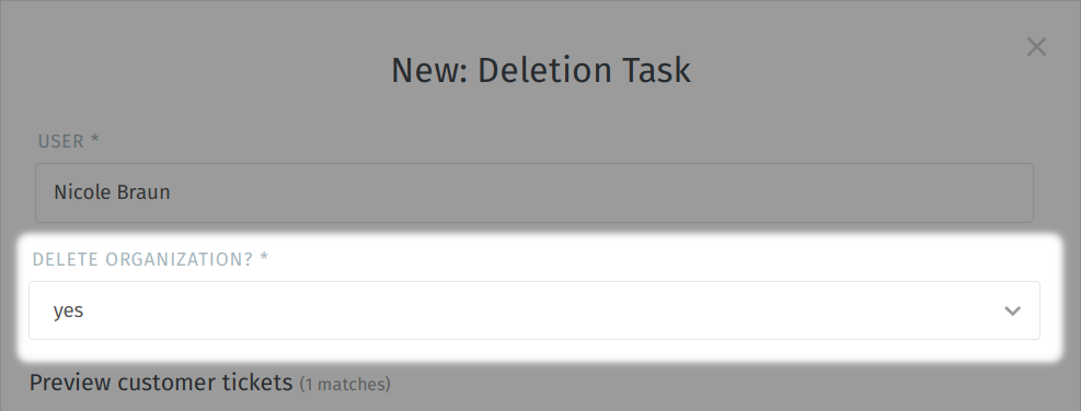 Deleting an organization via the user deletion dialog