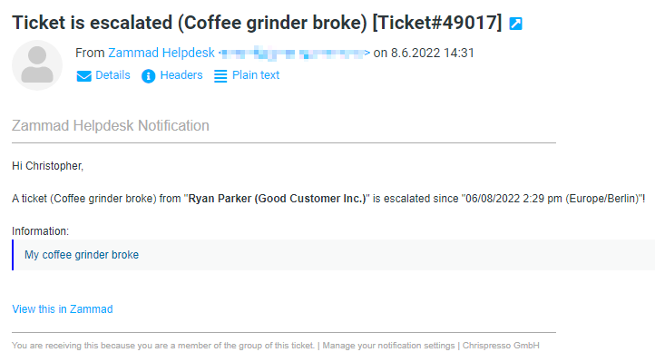Email notification for a ticket that escalated.