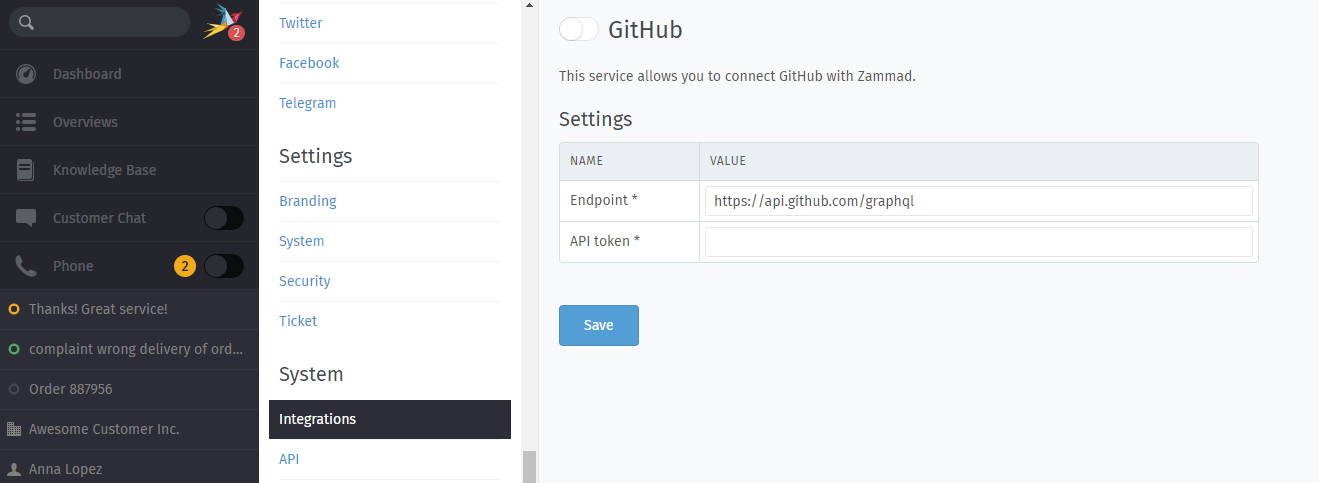 Integration page for GitHub