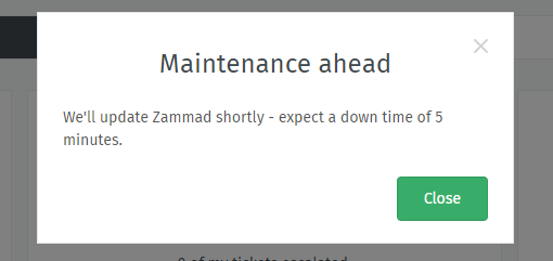 Screenshot showing modal caused by maintenance's message without reload application ticket