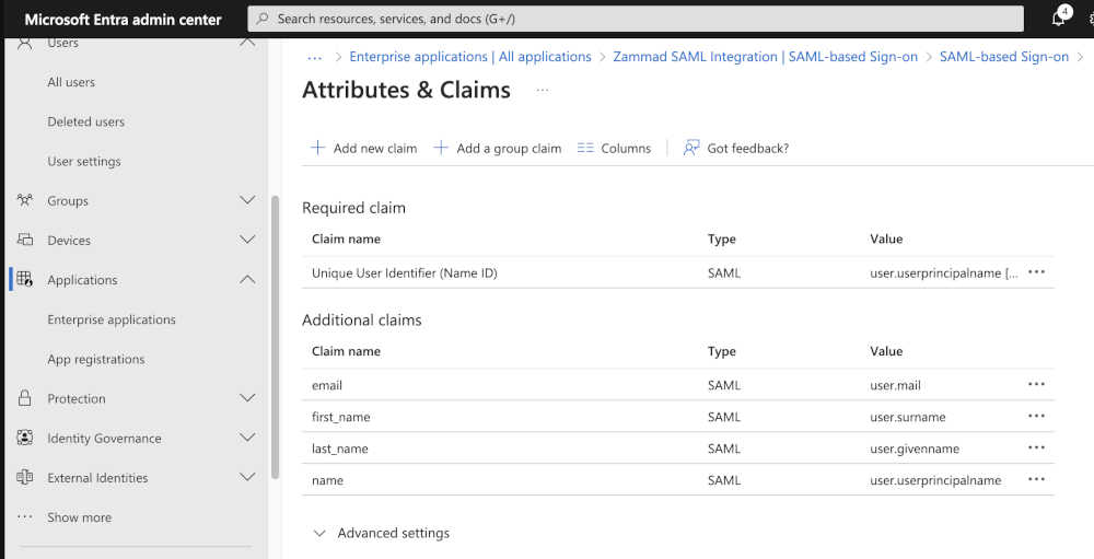 Screenshots der "Attribute & Claims"-Konfiguration im Entra Admin Center