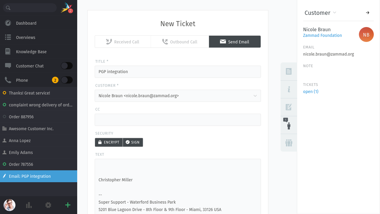 Screenshot der Ticketerstellung mit Schaltflächen zum Verschlüsseln und Signieren