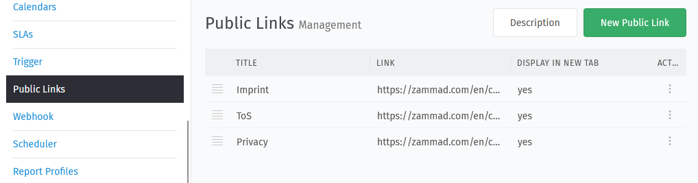 Screenshot showing the public links management interface within the settings