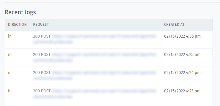 Screenshot showing several incoming requests within Recent logs section.