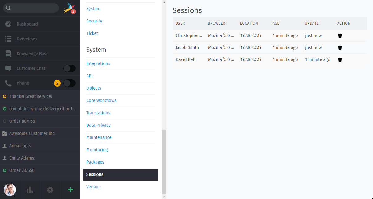 Screenshot showing Zammad's session management