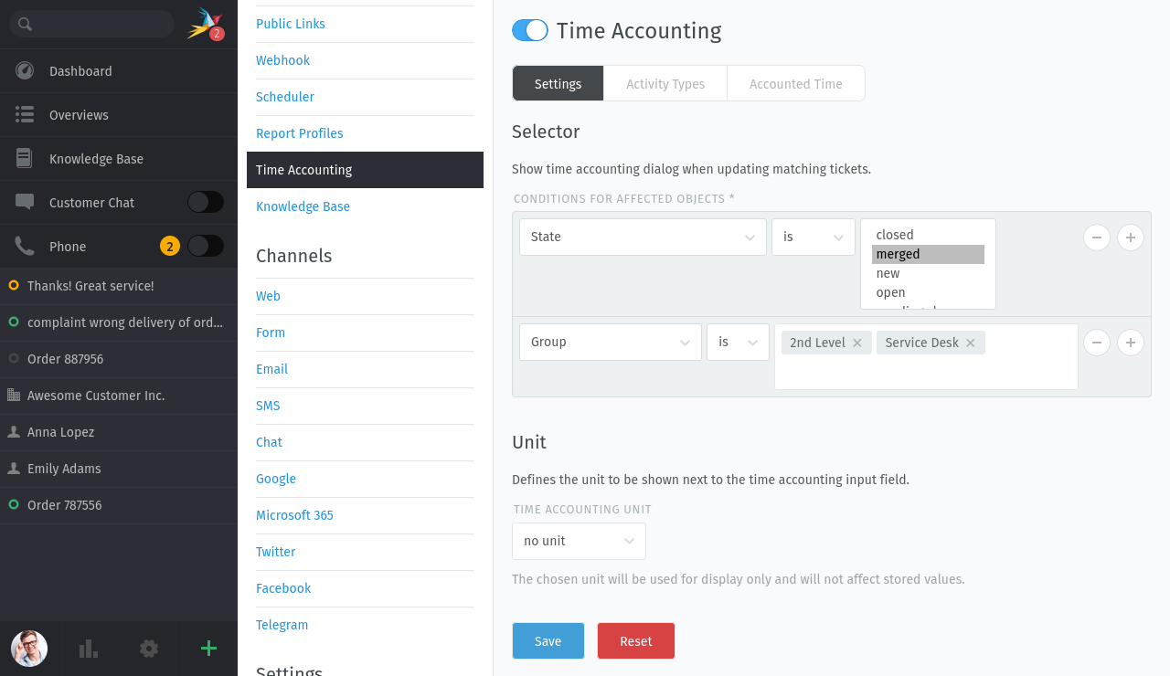 Time accounting management page in Zammad