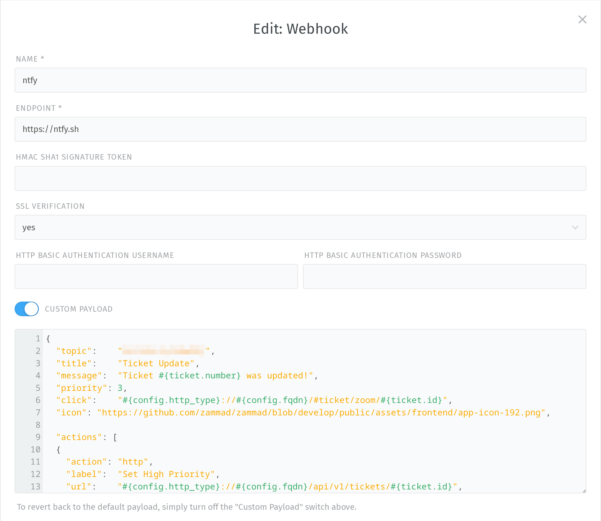 Webhook Erstellungs-/Bearbeitungsdialog in Zammad mit ntfy-Beispiel