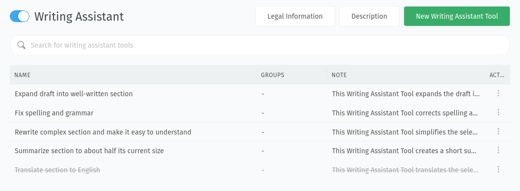 Screenshot zeigt die Einstellungen des Schreibassistenten mit den verfügbaren Standardwerkzeugen