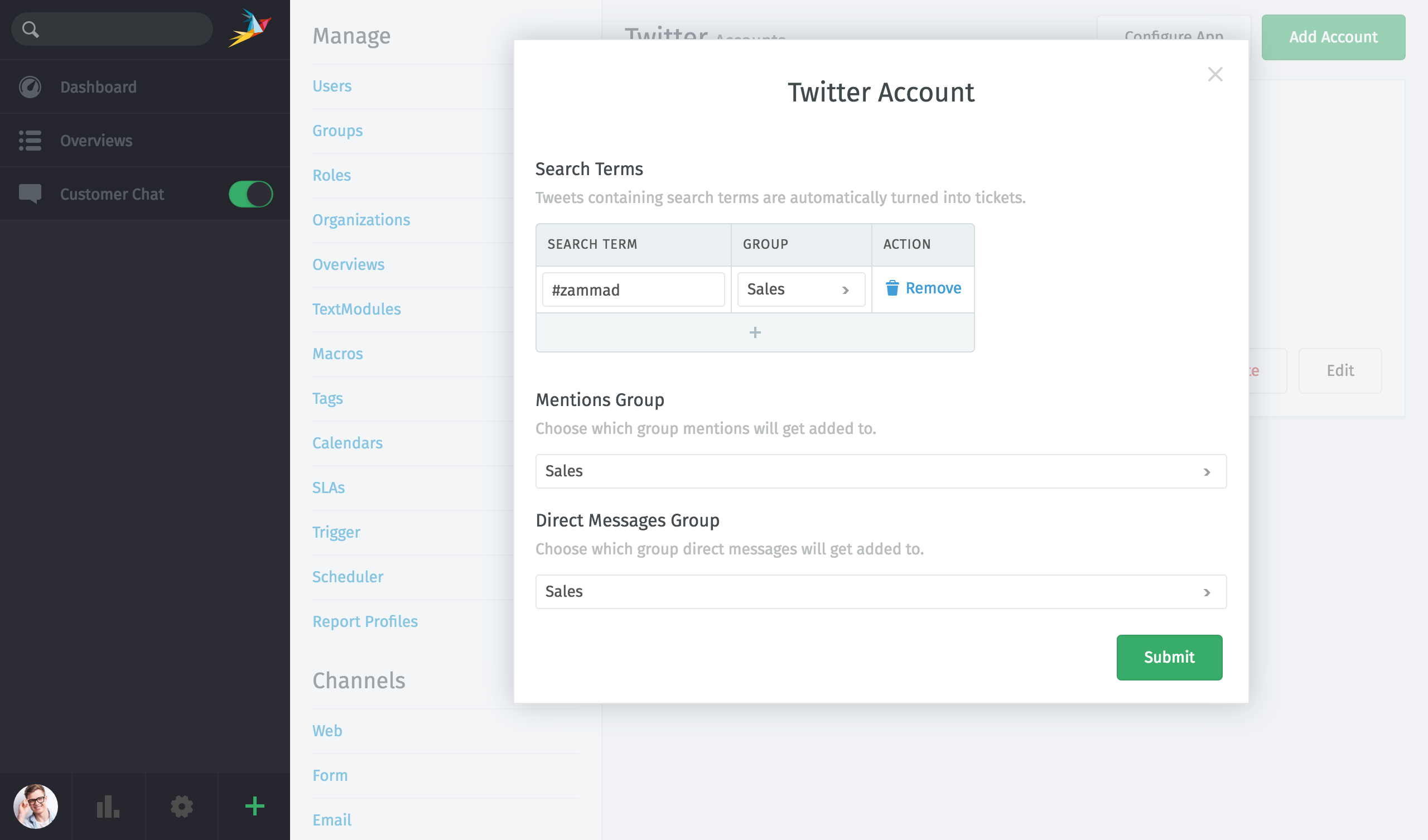 Zammad: Twitter-Konten konfigurieren
