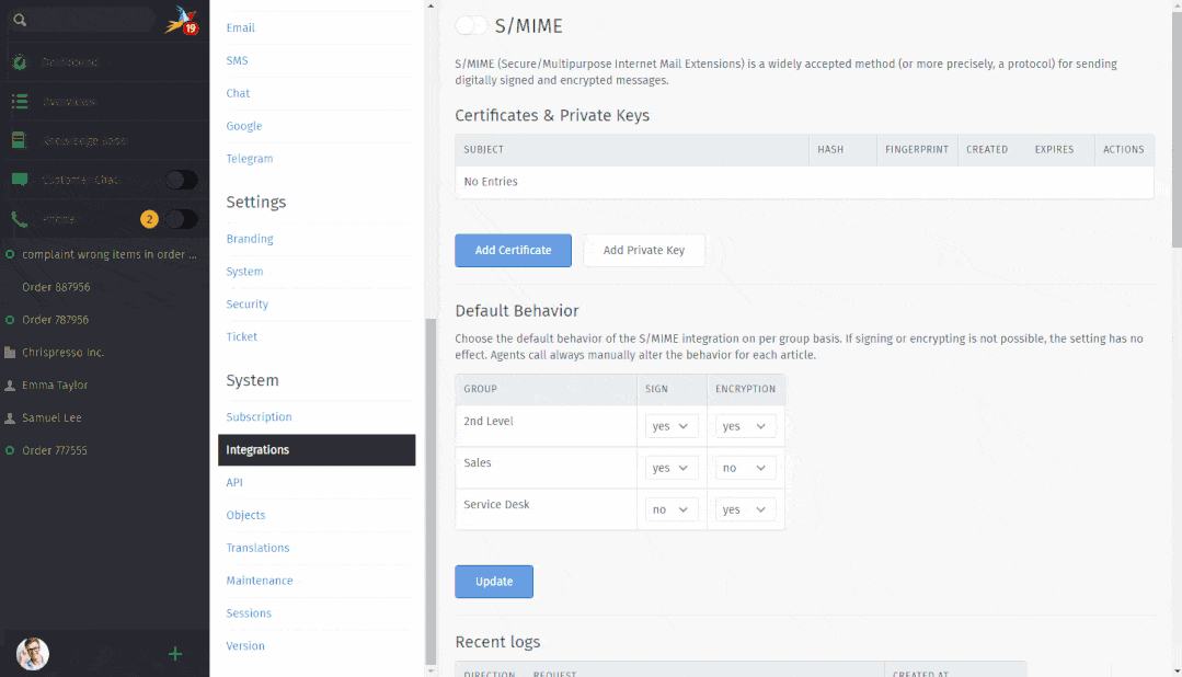Dialogue to add new certificates or private keys