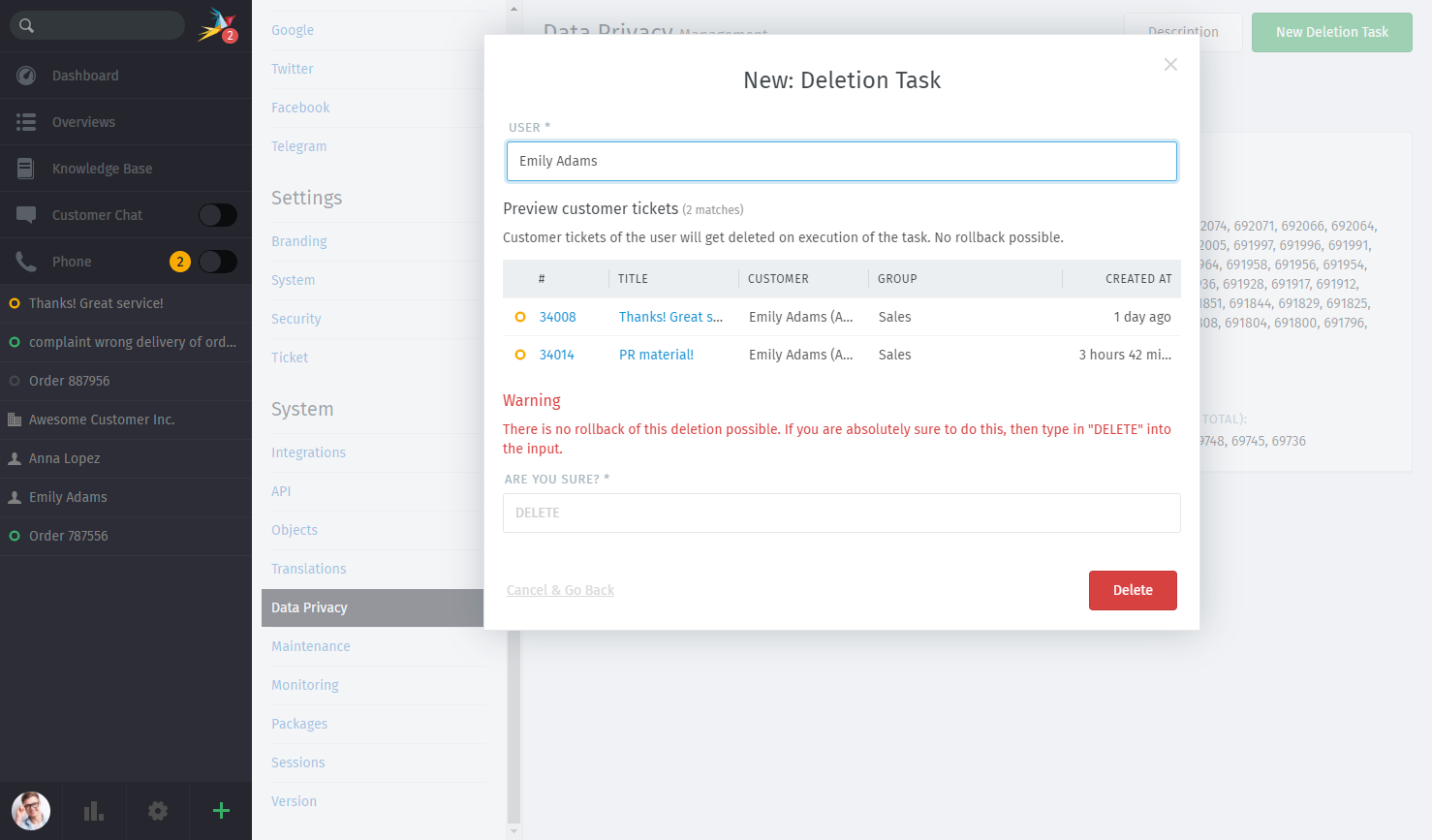 User deletion dialog in the Data Privacy panel