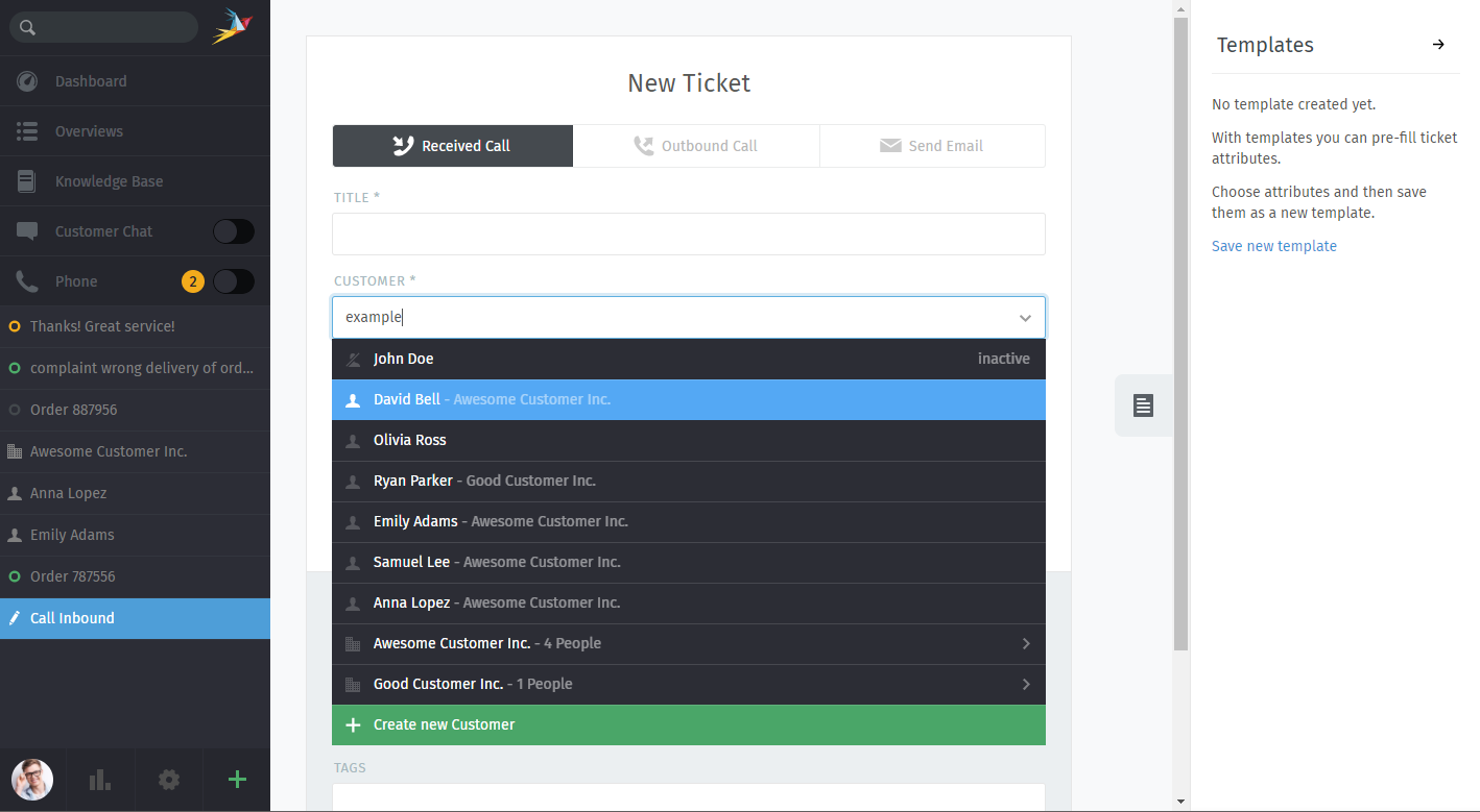 An inactive user displayed in a customer search list