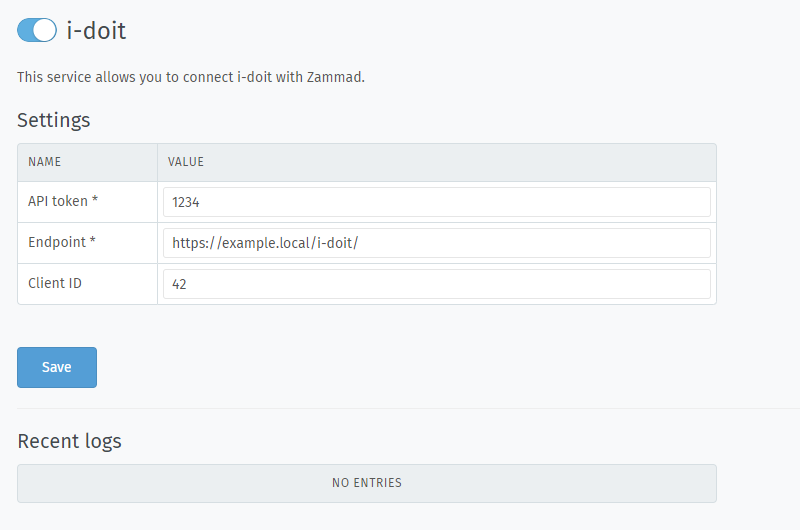 i-doit settings within the integration pages