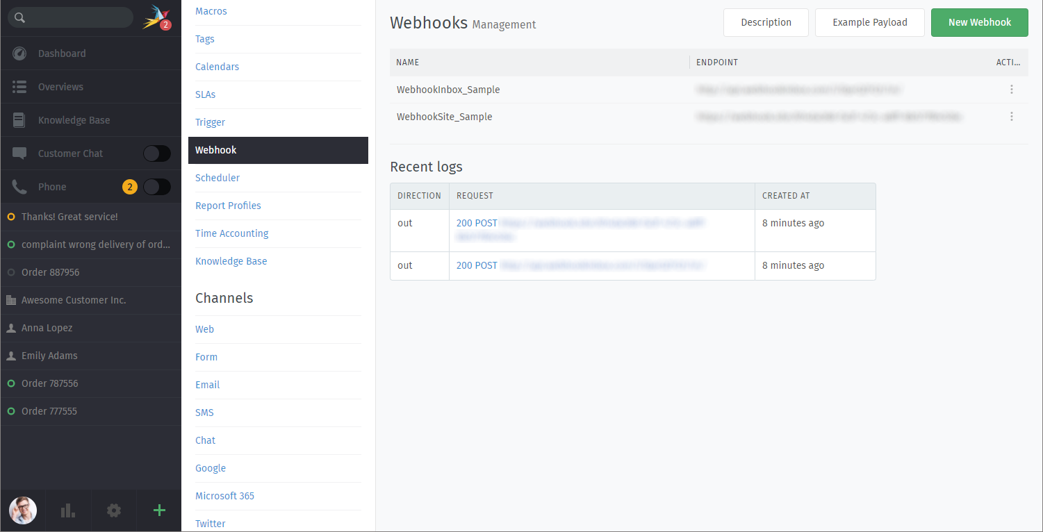 Webhook logs showing possible issues with third party communication