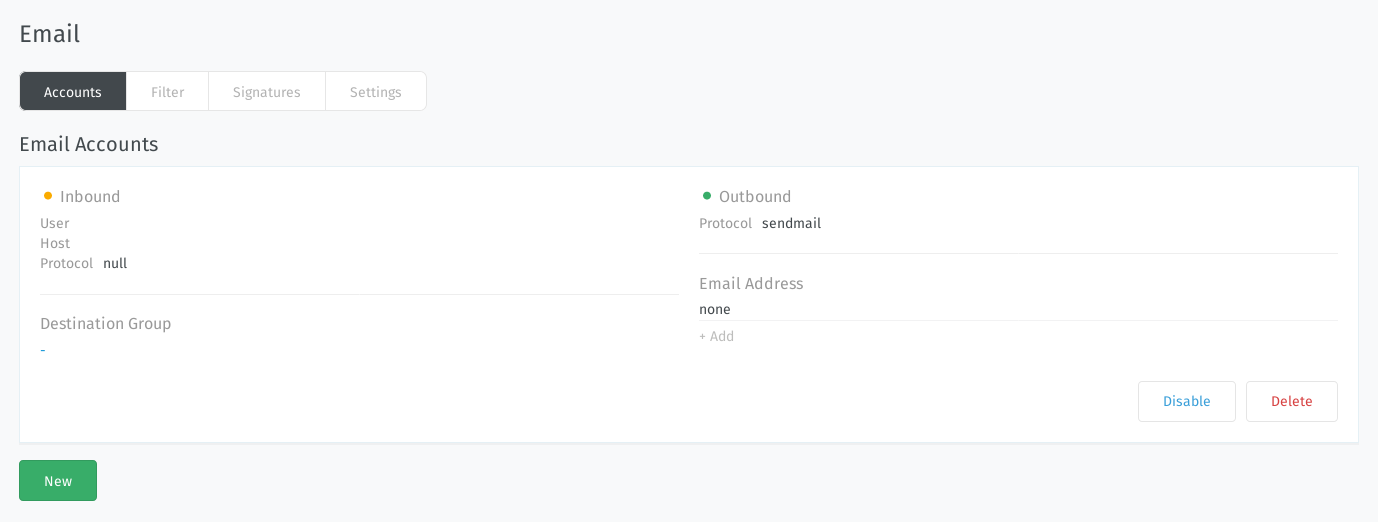 The new, outbound-only email channel appears in the Admin Settings Email panel.