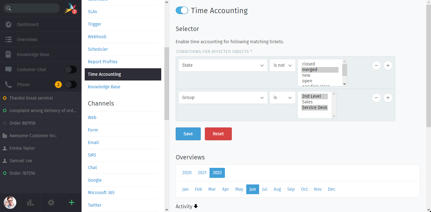 Time accounting management page in Zammad