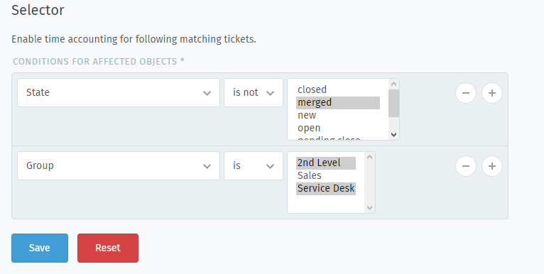 Time accounting ticket selectors