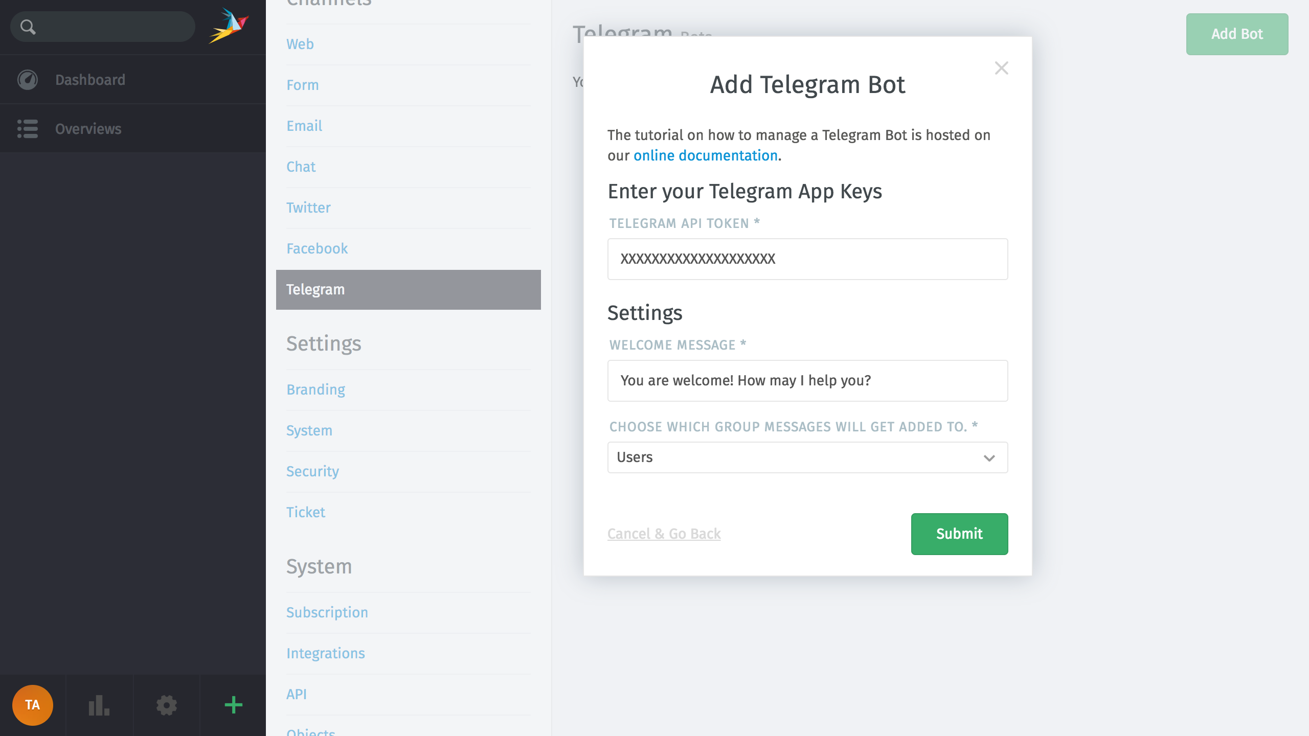 Admin -> Channels -> Telegram