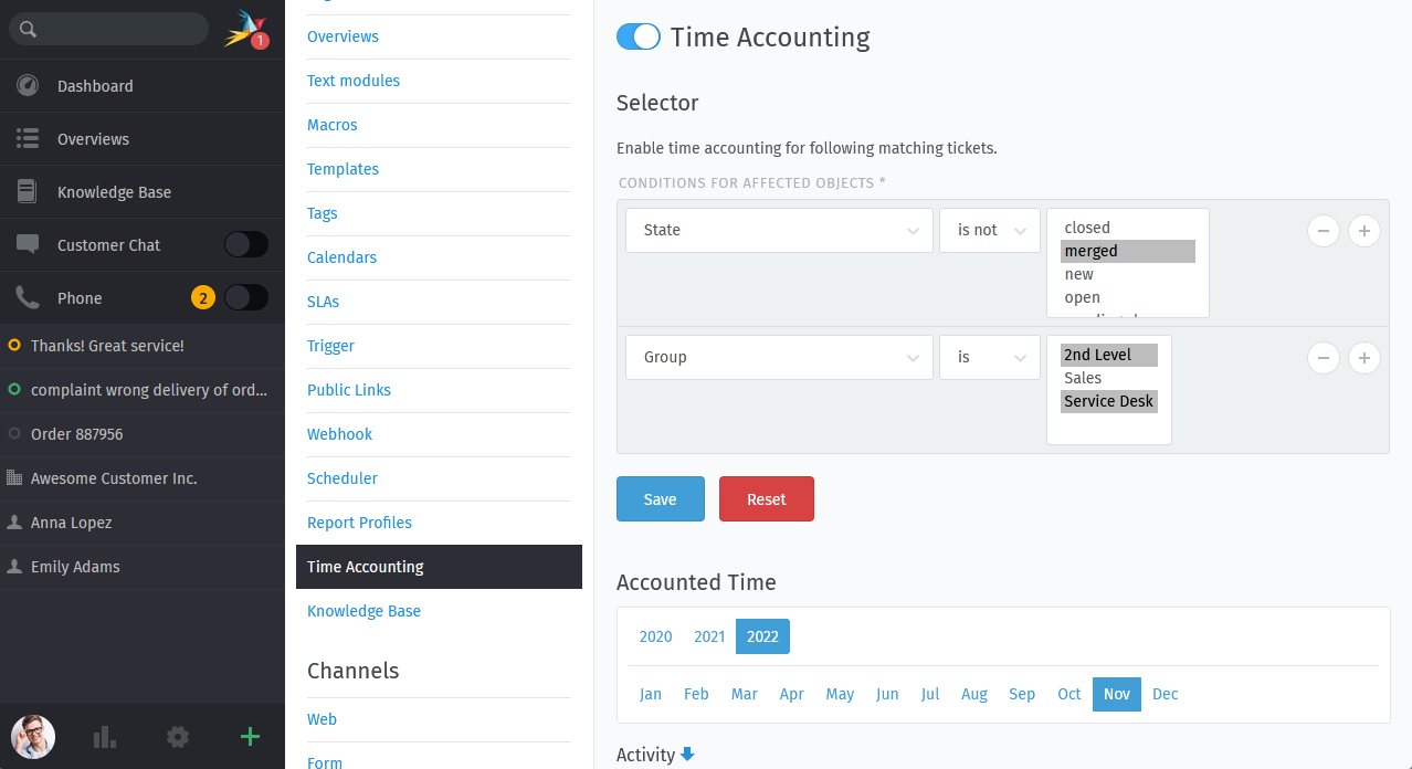 Time accounting management page in Zammad