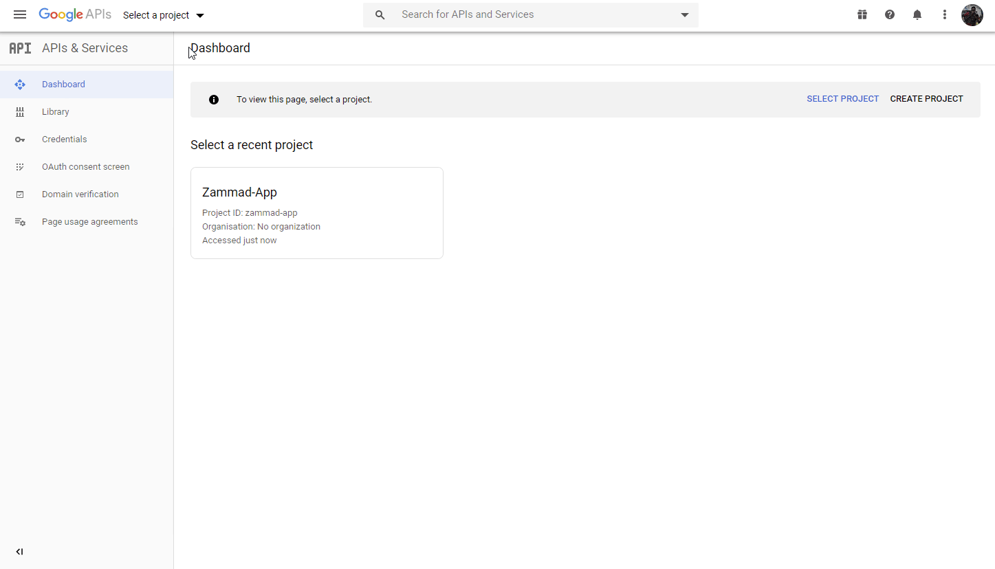 Screencast demo of new project creation in Google Developer settings