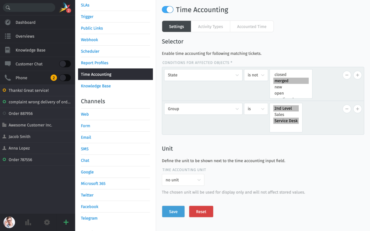 Time Accounting Management Screen in Zammad