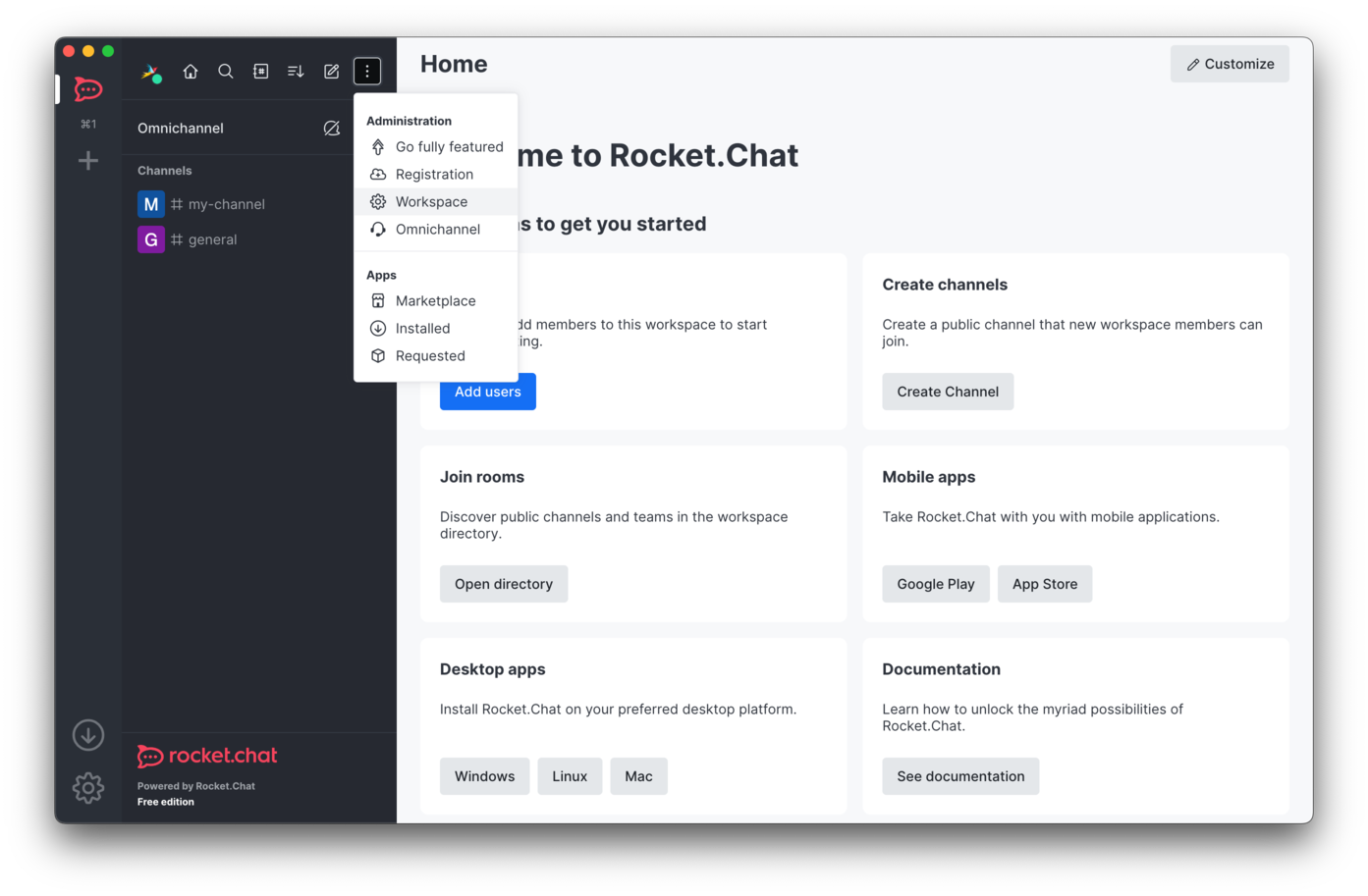Workspace menu item in Rocket Chat
