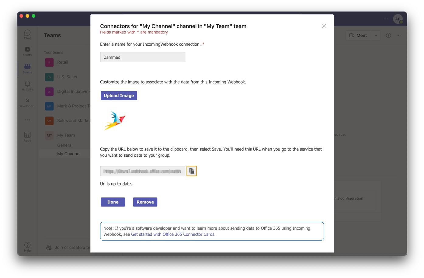 Copying Incoming Webhook Connector URL