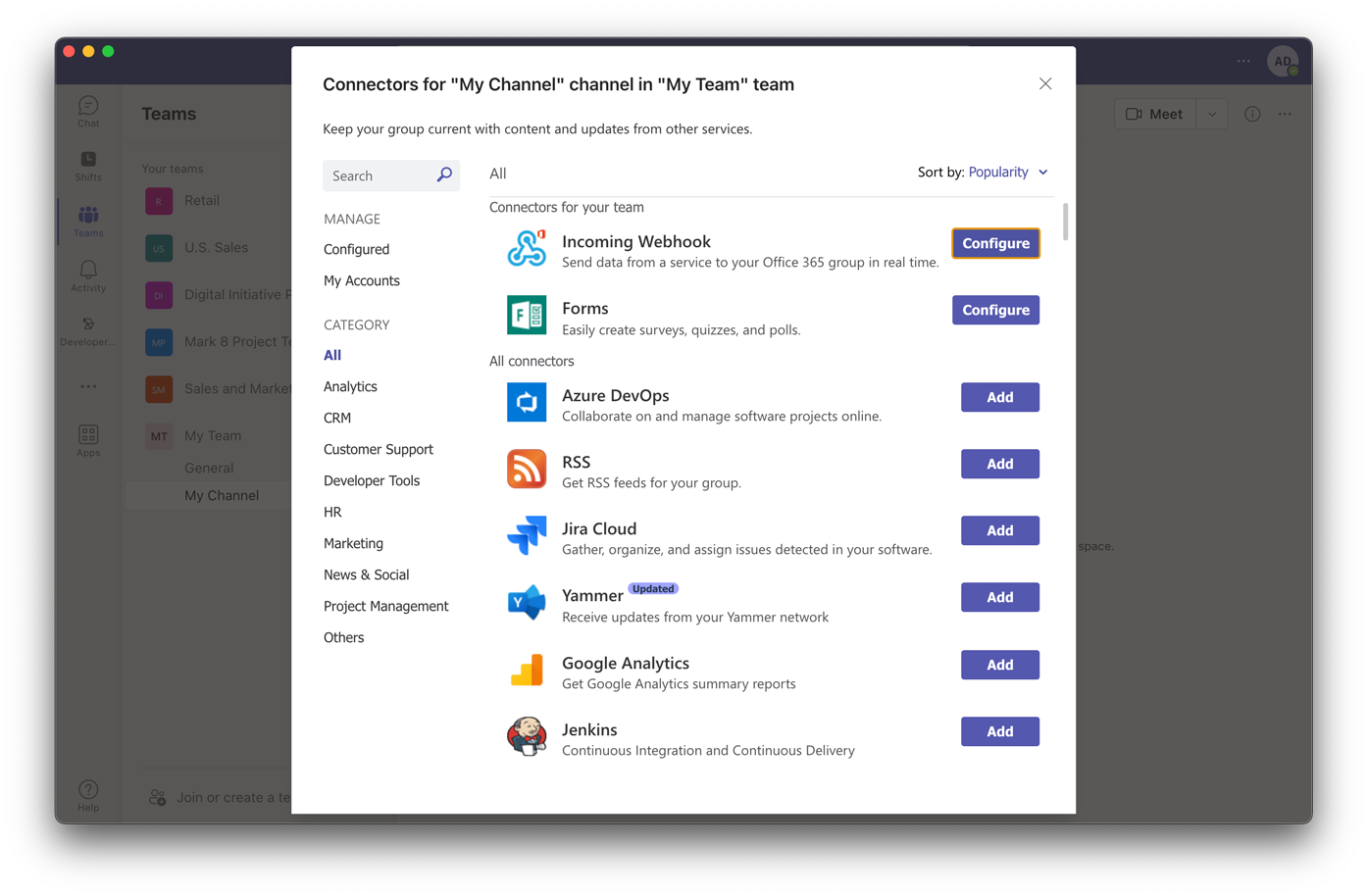 Incoming Webhook in the Connectors list