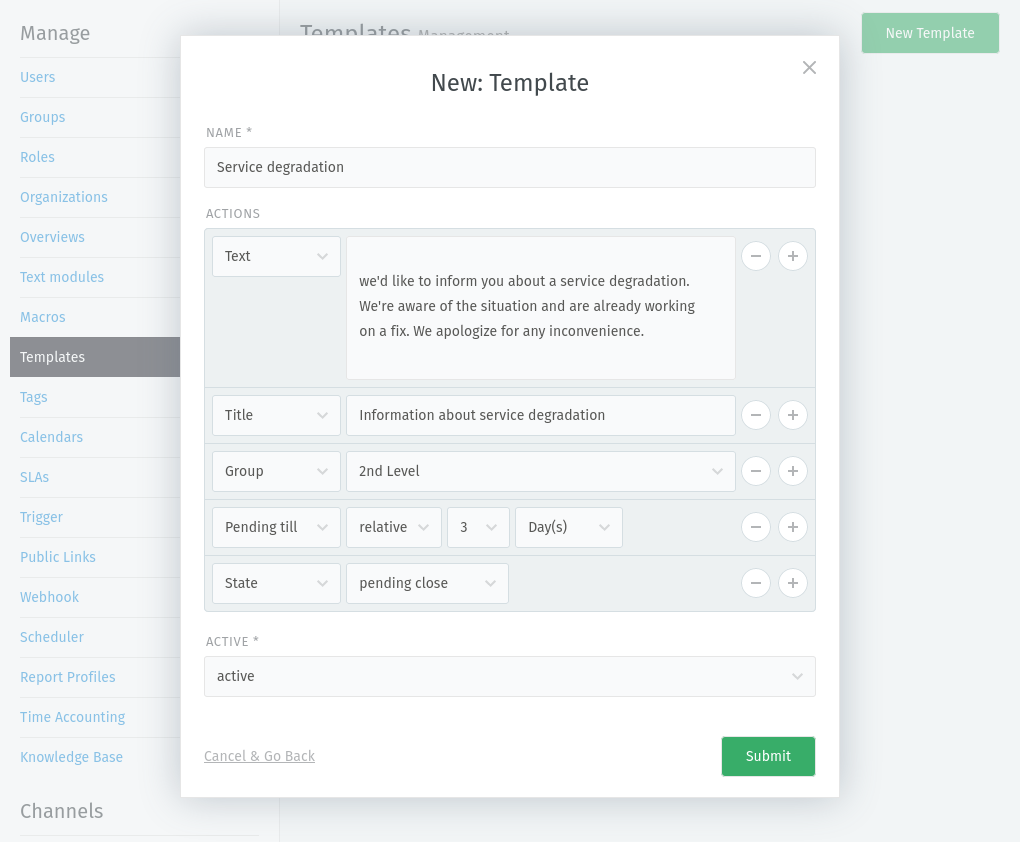 Screenshot showing the template configuration