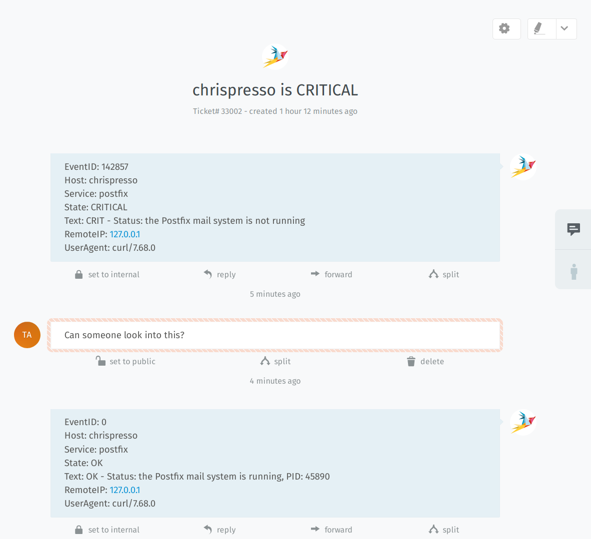 Screenshot of ticket created by Checkmk notifications