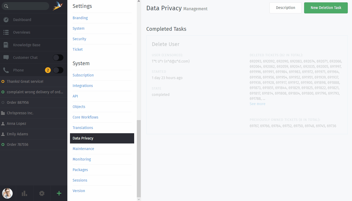 Accessing the user deletion dialog under “Data Privacy” in the Admin Panel
