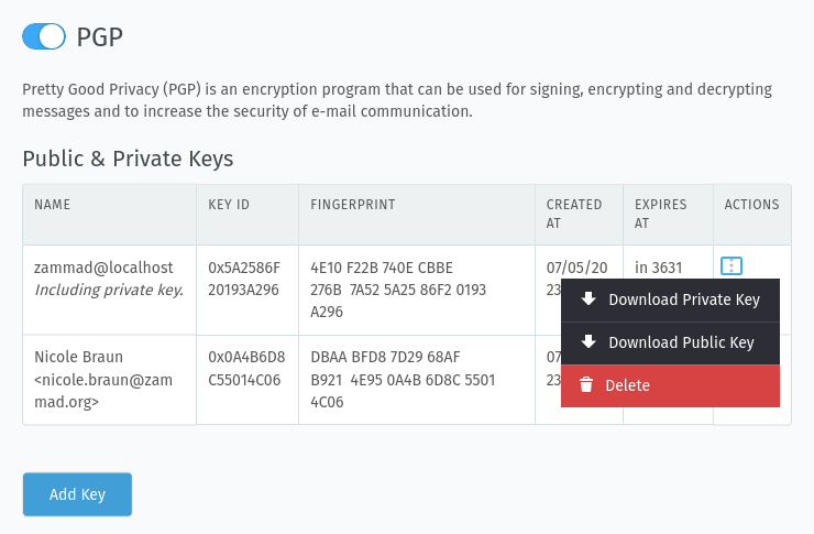 Screenshot of deleting a key