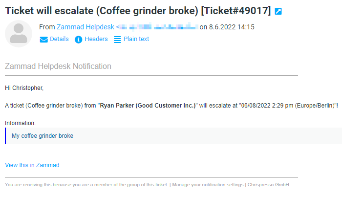 Email notification for a ticket that's going to escalate.