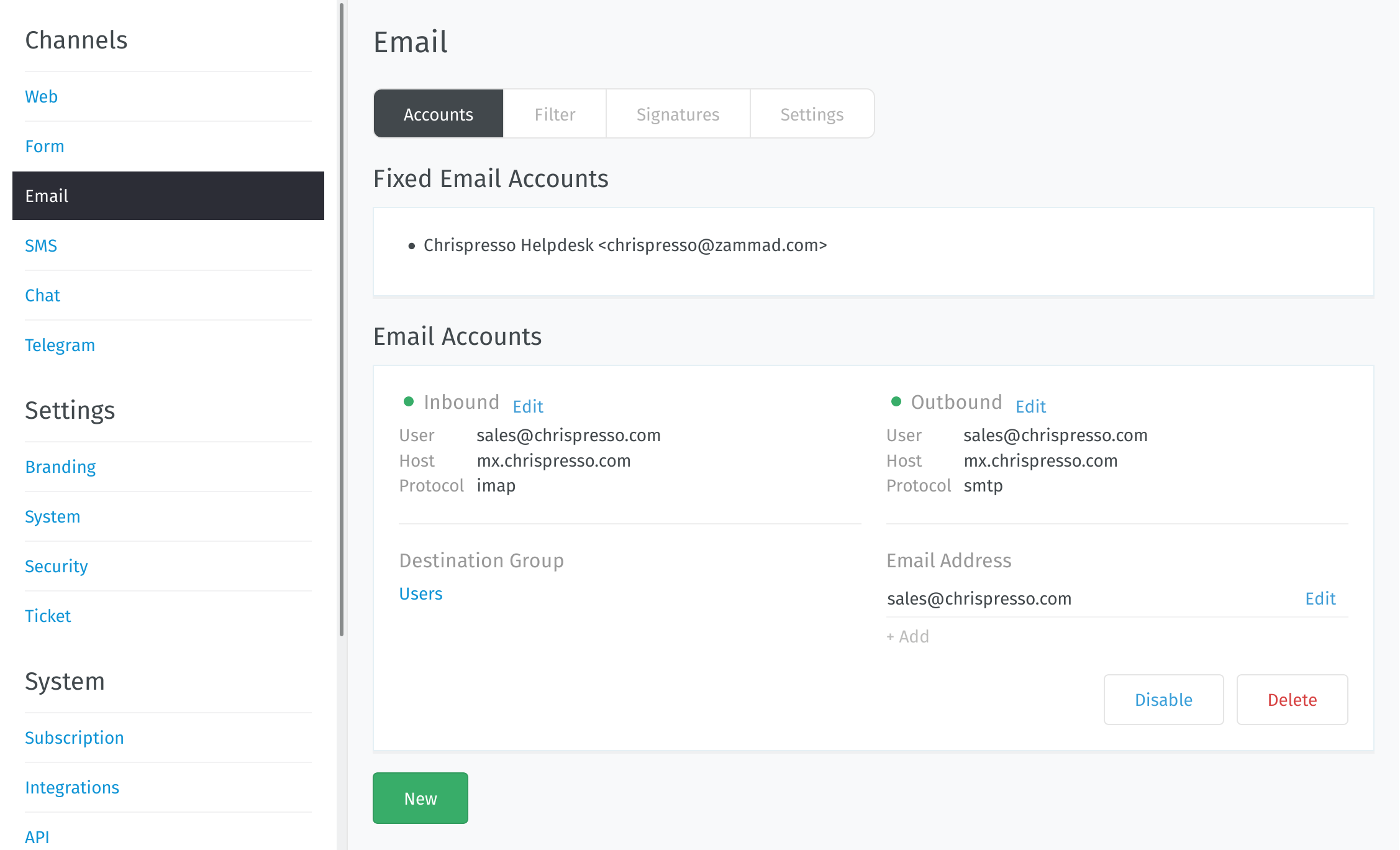 Email settings panel