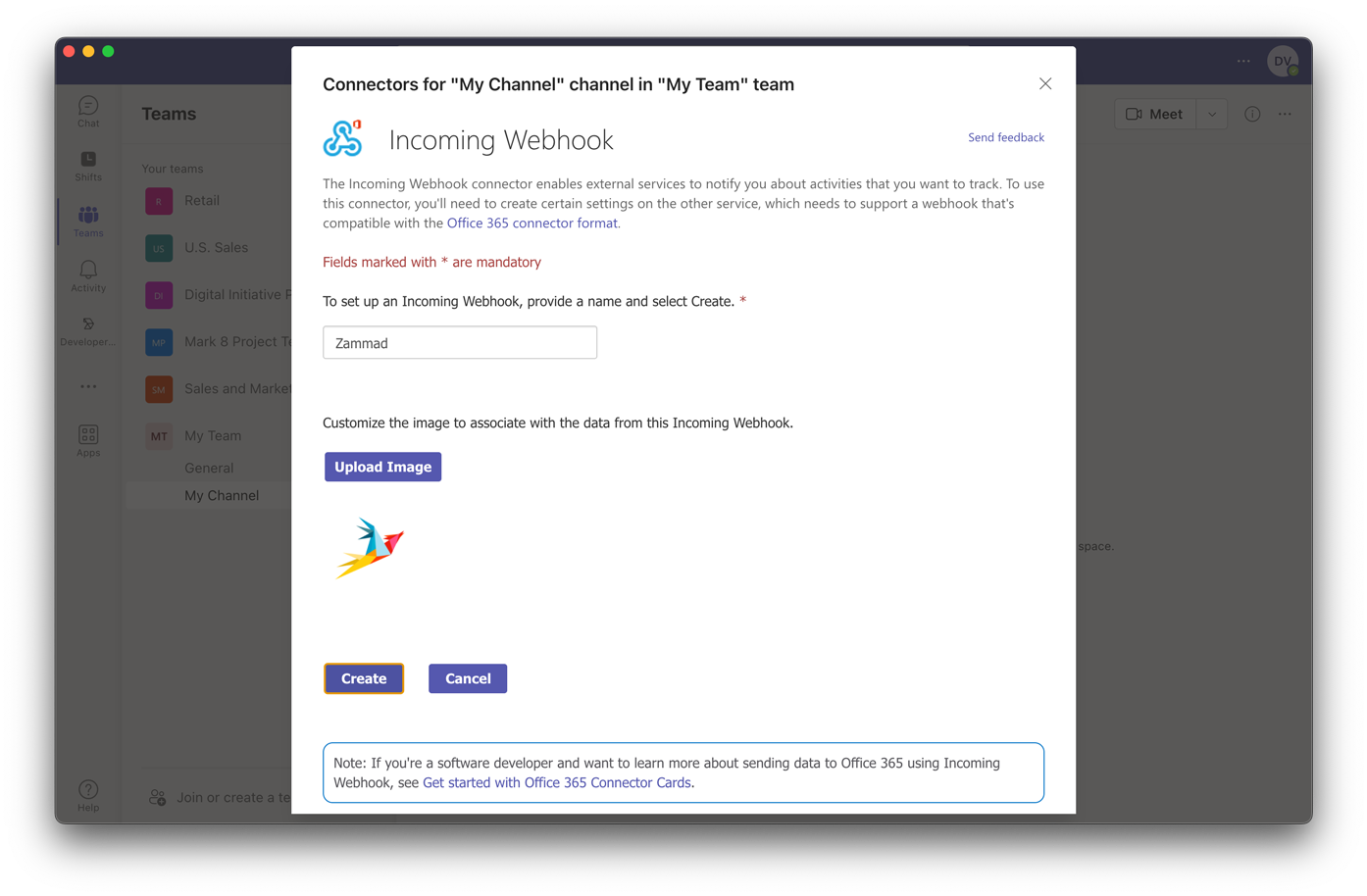 Creating Incoming Webhook Connector