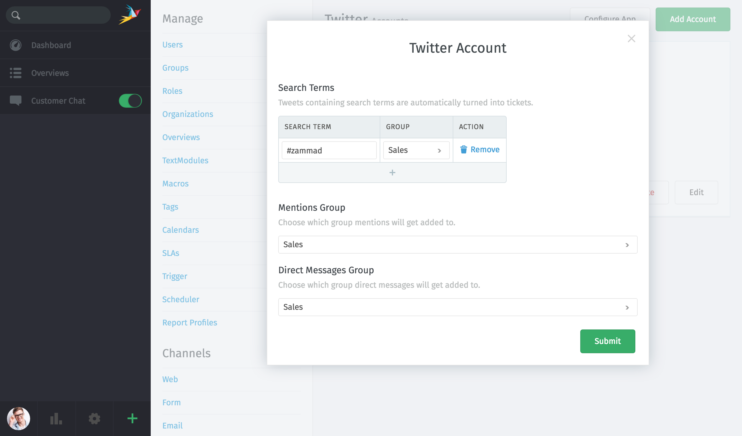 Zammad: Configure Twitter accounts