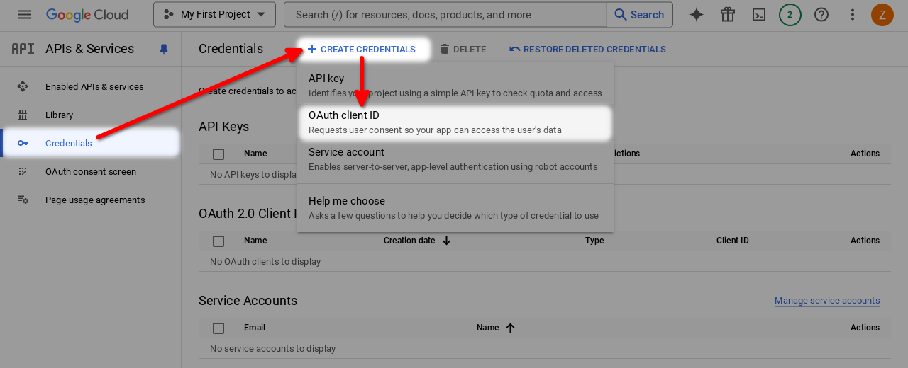 Screenshot shows credentials screen with highlighted elements
