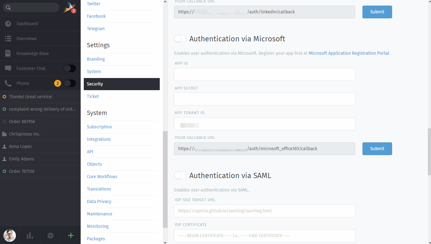Screencast showing how to add app credentials and activating the authentication method
