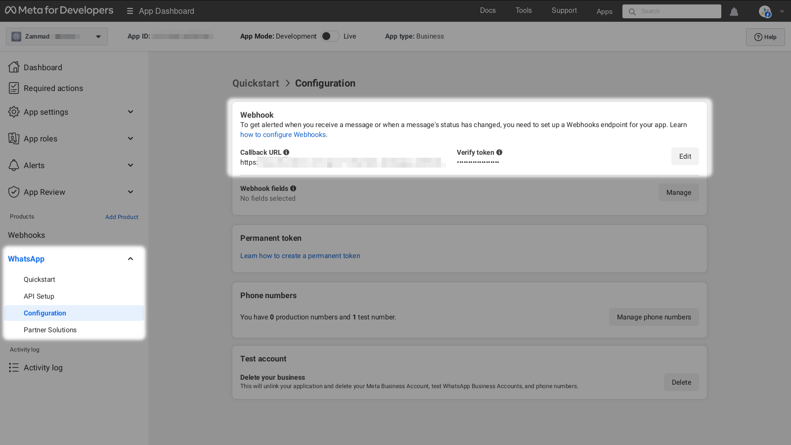 Configuration section in WhatsApp app dashboard