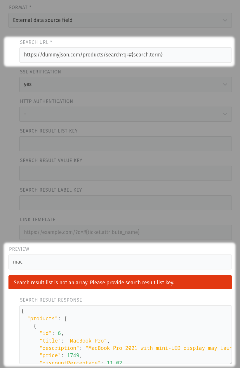 Preview of JSON response based on search term