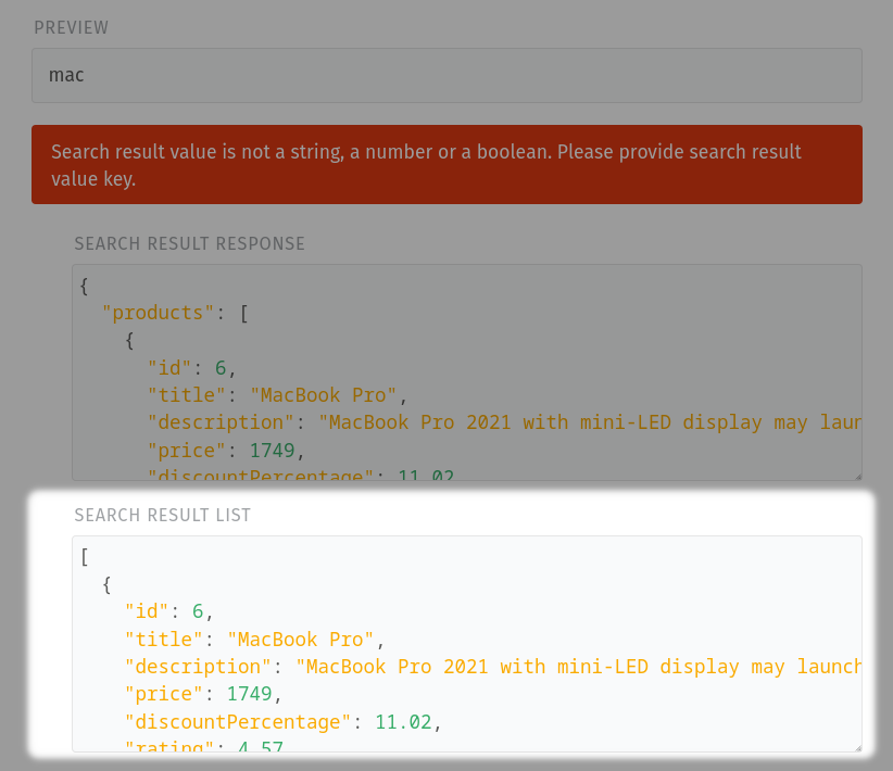 Preview of JSON response search result list